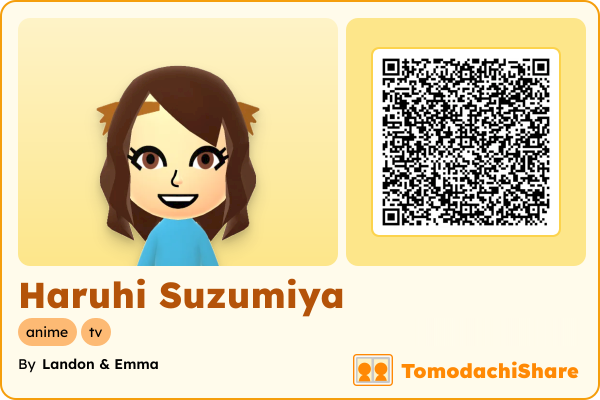 Haruhi Suzumiya, a female Mii  with tags: anime, tv