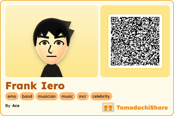 Frank Iero, a male Mii  with tags: emo, band, musician, music, mcr, celebrity