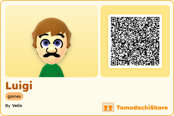 Luigi, a male Mii  with tags: games