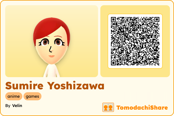 Sumire Yoshizawa, a female Mii  with tags: anime, games