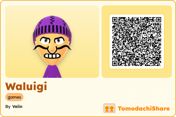 Waluigi, a male Mii  with tags: games