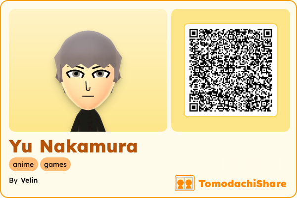 Yu Nakamura, a male Mii  with tags: anime, games