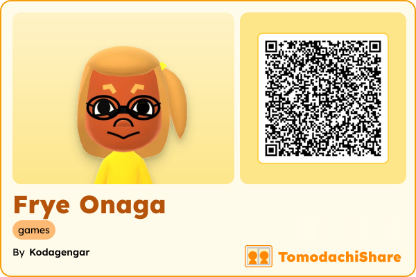 Frye Onaga, a female Mii  with tags: games
