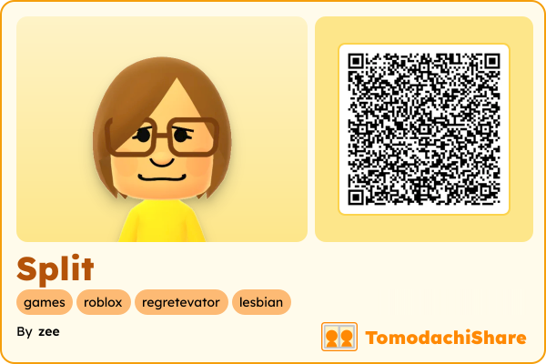 Split, a male Mii  with tags: games, roblox, regretevator, lesbian