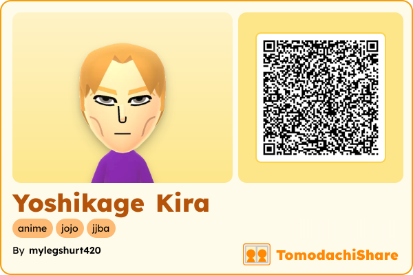 Yoshikage Kira, a male Mii  with tags: anime, jojo, jjba