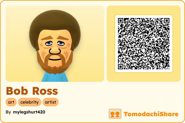 Bob Ross, a male Mii  with tags: art, celebrity, artist