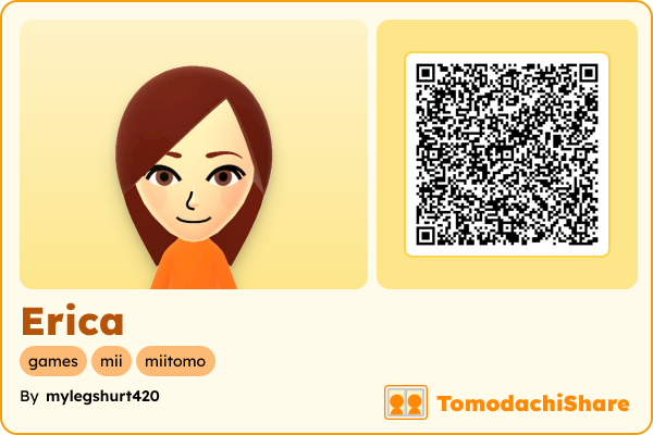 Erica, a female Mii  with tags: games, mii, miitomo