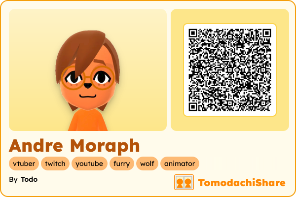 Andre Moraph, a male Mii  with tags: vtuber, twitch, youtube, furry, wolf, animator