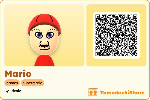 Mario, a male Mii  with tags: games, supermario
