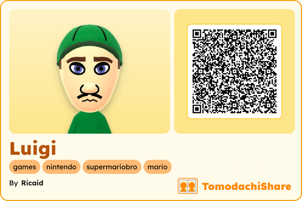 Luigi, a male Mii  with tags: games, nintendo, supermariobro, mario