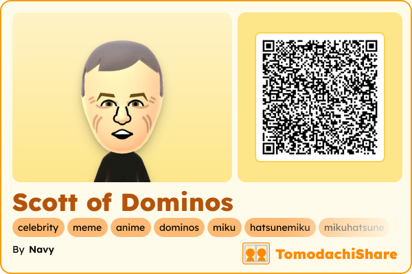 Scott of Dominos, a male Mii  with tags: celebrity, meme, anime, dominos, miku, hatsunemiku, mikuhatsune, pizza