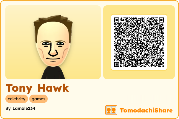 Tony Hawk, a male Mii  with tags: celebrity, games