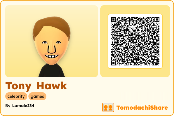 Tony Hawk, a male Mii  with tags: celebrity, games