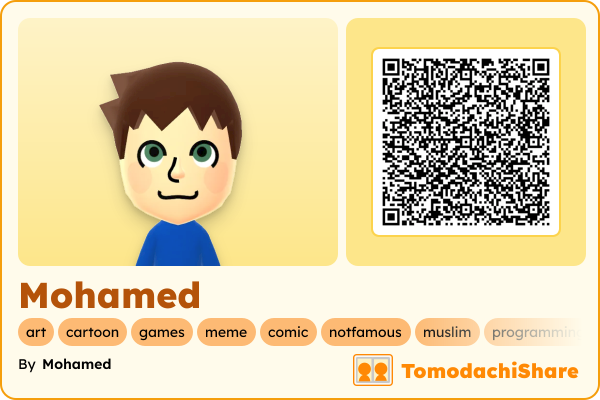 Mohamed, a male Mii  with tags: art, cartoon, games, meme, comic, notfamous, muslim, programming