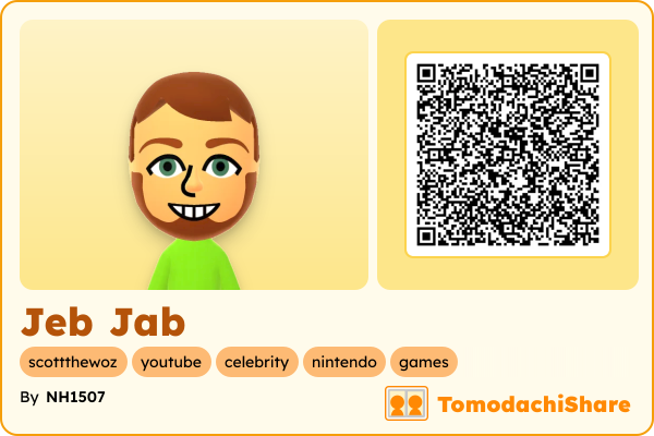 Jeb Jab, a male Mii  with tags: scottthewoz, youtube, celebrity, nintendo, games