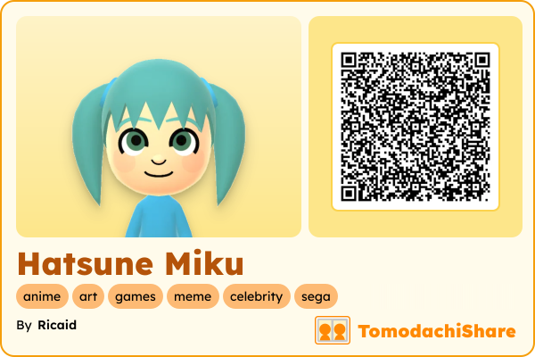 Hatsune Miku, a female Mii  with tags: anime, art, games, meme, celebrity, sega