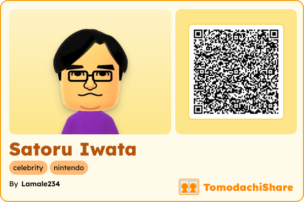 Satoru Iwata, a male Mii  with tags: celebrity, nintendo