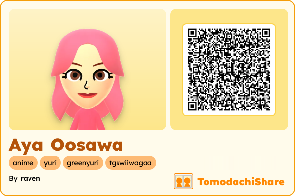 Aya Oosawa, a female Mii  with tags: anime, yuri, greenyuri, tgswiiwagaa
