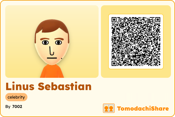 Linus Sebastian, a male Mii  with tags: celebrity