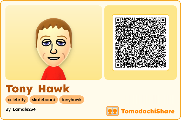 Tony Hawk, a male Mii  with tags: celebrity, skateboard, tonyhawk