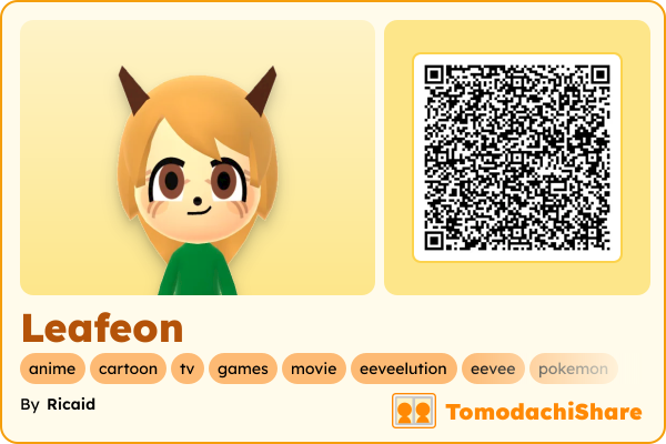 Leafeon, a male Mii  with tags: anime, cartoon, tv, games, movie, eeveelution, eevee, pokemon