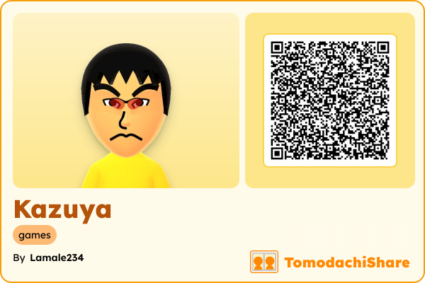 Kazuya, a male Mii  with tags: games