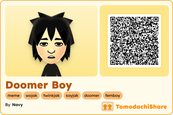 Doomer Boy, a male Mii  with tags: meme, wojak, twinkjak, soyjak, doomer, femboy