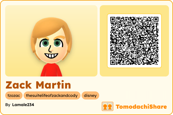 Zack Martin, a male Mii  with tags: tzozac, thesuitelifeofzackandcody, disney