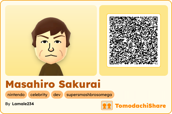 Masahiro Sakurai, a male Mii  with tags: nintendo, celebrity, dev, supersmashbrosomega