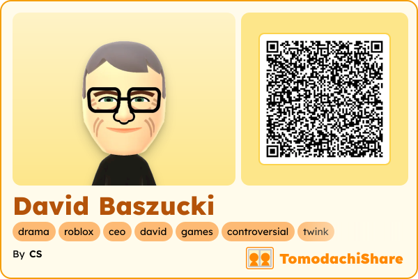 David Baszucki, a male Mii  with tags: drama, roblox, ceo, david, games, controversial, twink