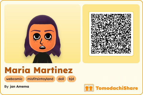 Maria Martinez, a female Mii  with tags: webcomic, misfitsintoyland, doll, bjd
