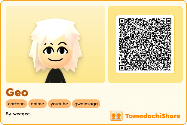 Geo, a male Mii  with tags: cartoon, anime, youtube, gwainsaga