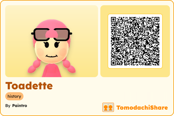 Toadette, a female Mii  with tags: history