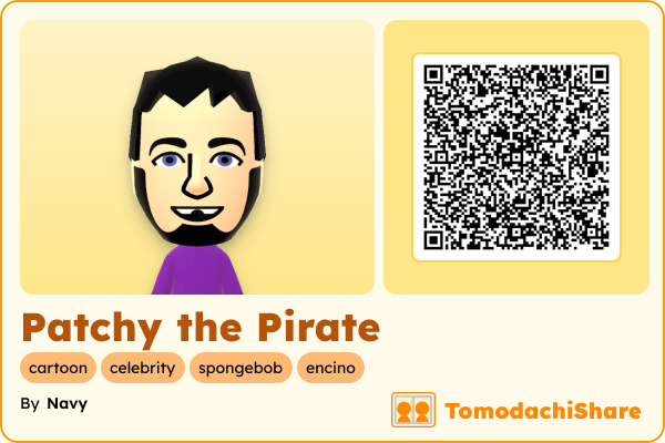 Patchy the Pirate, a male Mii  with tags: cartoon, celebrity, spongebob, encino