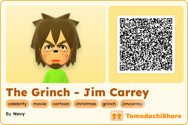 The Grinch - Jim Carrey, a male Mii  with tags: celebrity, movie, cartoon, christmas, grinch, jimcarrey