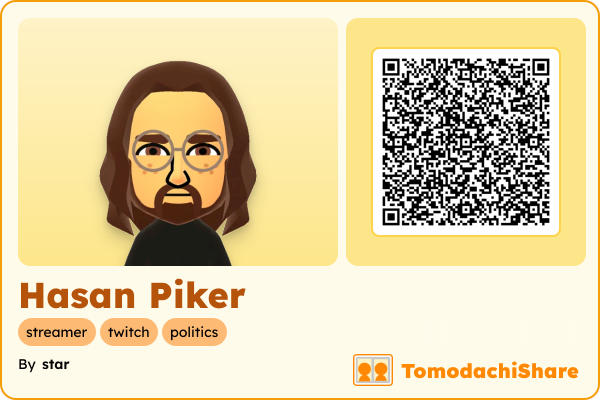 Hasan Piker, a male Mii  with tags: streamer, twitch, politics