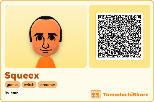 Squeex, a female Mii  with tags: games, twitch, streamer