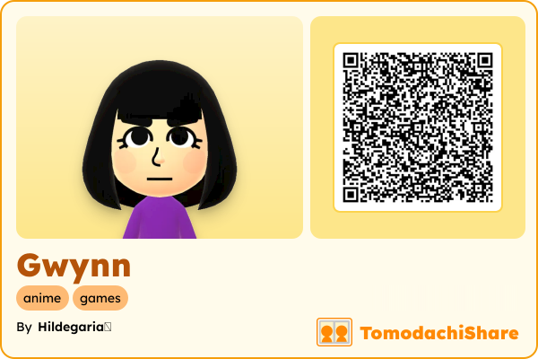 Gwynn, a female Mii  with tags: anime, games