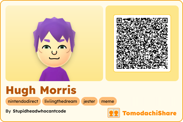 Hugh Morris, a male Mii  with tags: nintendodirect, liviingthedream, jester, meme