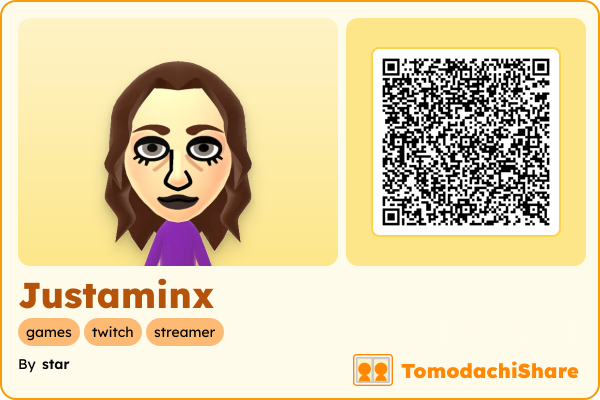 Justaminx, a female Mii  with tags: games, twitch, streamer