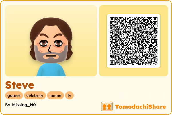 Steve, a male Mii  with tags: games, celebrity, meme, tv