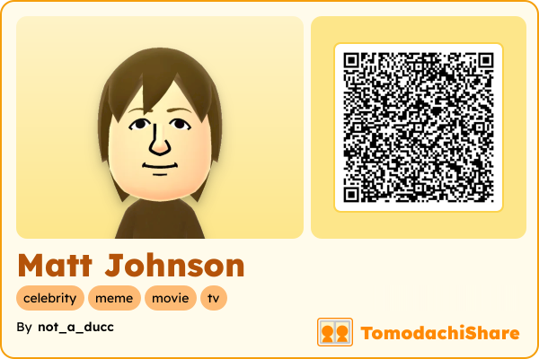 Matt Johnson, a male Mii  with tags: celebrity, meme, movie, tv