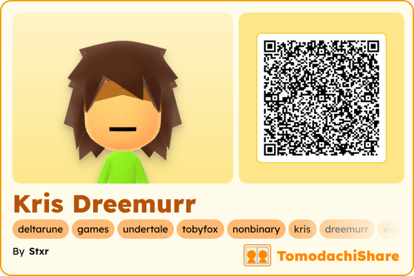 Kris Dreemurr, a male Mii  with tags: deltarune, games, undertale, tobyfox, nonbinary, kris, dreemurr, videogame