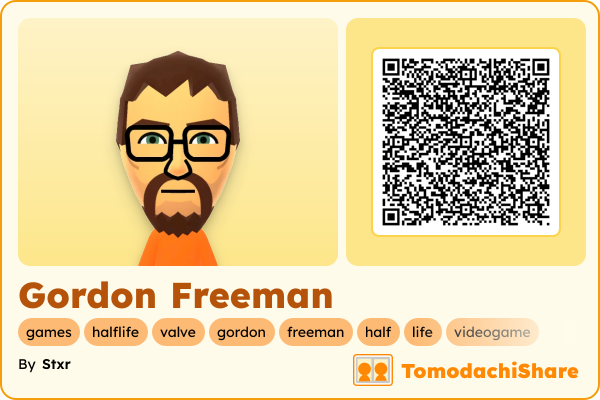 Gordon Freeman, a male Mii  with tags: games, halflife, valve, gordon, freeman, half, life, videogame