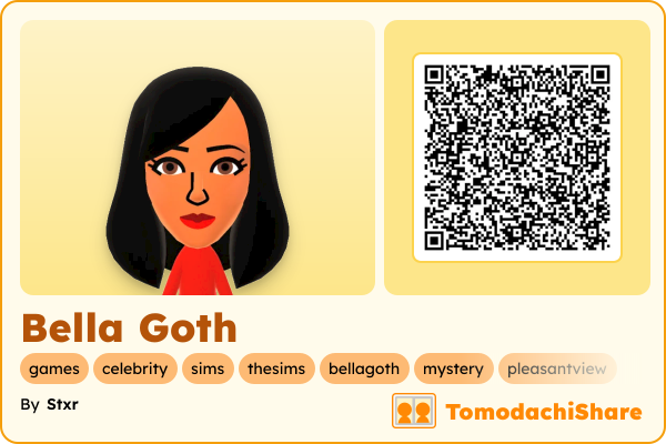 Bella Goth, a female Mii  with tags: games, celebrity, sims, thesims, bellagoth, mystery, pleasantview