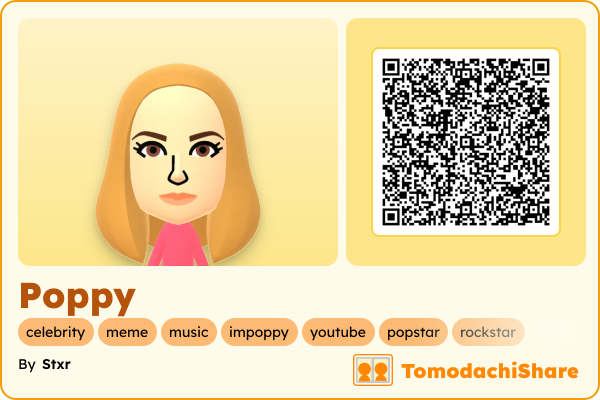 Poppy, a female Mii  with tags: celebrity, meme, music, impoppy, youtube, popstar, rockstar