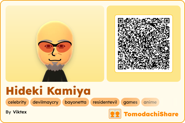 Hideki Kamiya, a male Mii  with tags: celebrity, devilmaycry, bayonetta, residentevil, games, anime