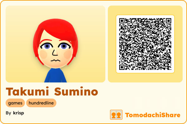 Takumi Sumino, a female Mii  with tags: games, hundredline