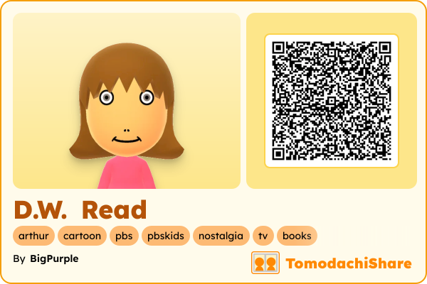 D.W. Read, a female Mii  with tags: arthur, cartoon, pbs, pbskids, nostalgia, tv, books