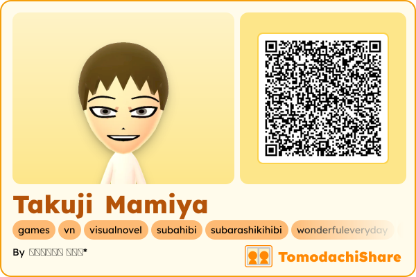 Takuji Mamiya, a male Mii  with tags: games, vn, visualnovel, subahibi, subarashikihibi, wonderfuleveryday, eroge
